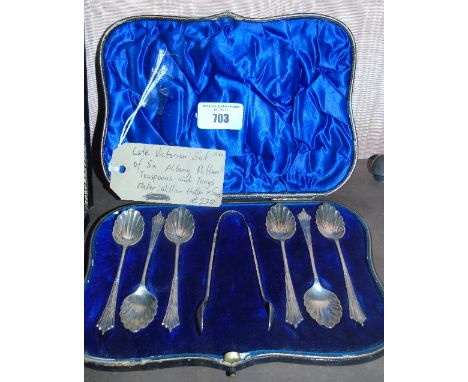 A Late Victorian Set of Six Albany Pattern Teaspoons and Tongs. London, William Hutton and Sons Ltd.
