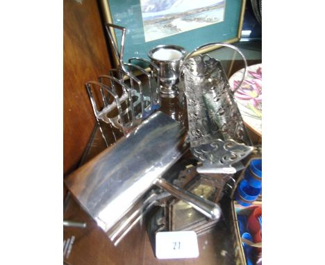 A Silver Plated Toast Rack, Bread Dish, Crumb Tidy and a Viners Miniature Urn, (4).