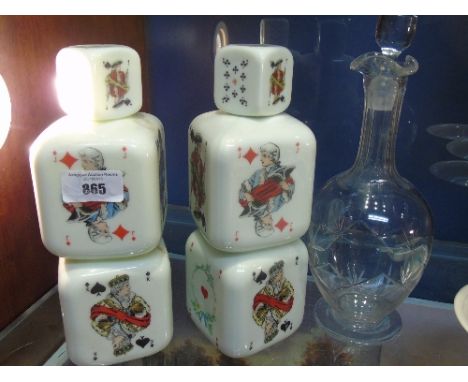 A Pair of White Glass Decanters with Playing Cards Theme, and another decanter (3).