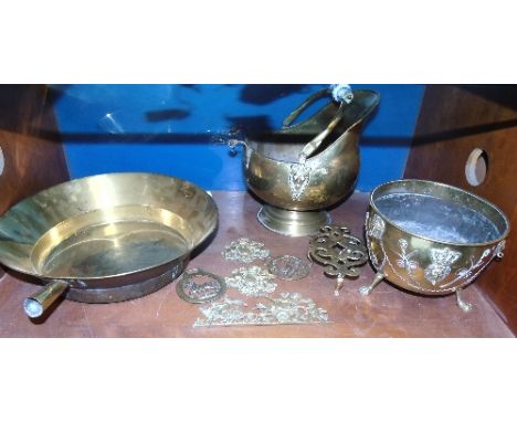 A Shelf of 19th Century & Later Brassware.