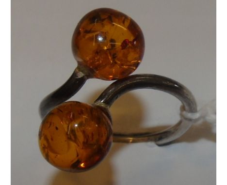 A Silver Twin Amber Set Ring.
