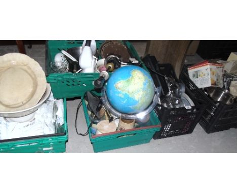 Five Crates of Assorted Kitchenwares to include an electric world map globe, a Breville mixer, jugs, glass storage jars, sauc