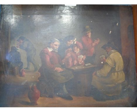 Follower of David Teniers, Flemish 1610-1690, An Early 19th Century Oil on Canvas. Figures in a Tavern Interior Playing Cards