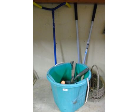 Gardening Tools & Equipment to include green bucket and contents, basket, etc.