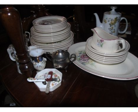 A Carrighoun Pottery Dinner Service, a Staffordshire Ironstone jug, a collection of Anysley 'Cottage Garden' pattern pieces, 