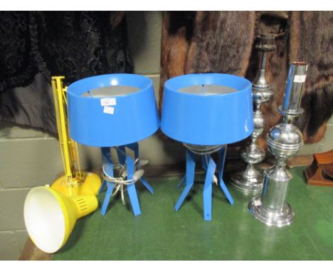 Two 1960 chrome lamps, two blue painted lamps/shades and a yellow anglepoise lamp  