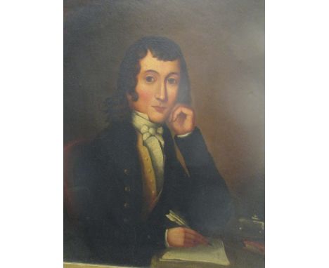English School, early 19th century, portrait of a gentleman seated reading, oil on board, 46 x 39cm  