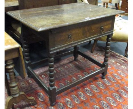 EG. A 17th century and later oak side table, with a single drawer, on bobbin turned and stretchered legs 72 x 87 x 59cm (28 x