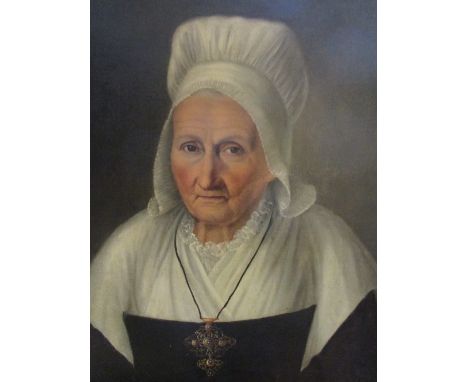 Dutch School (19th century), Portrait of an old lady, head and shoulders wearing white bonnet, oil on canvas, 53cm x 45cm  