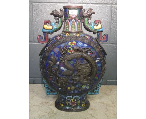 A Chinese hardstone inlaid cloisonne moon flask, 47cm high  this piece is not old, decorative but quite crudely manufactured 