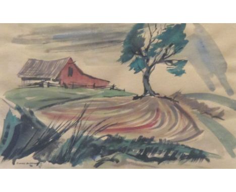 Richard Henderson (British 20th Century) - View of a Farmstead, watercolour, signed and dated 1953 lower left, 31 x 49 cm and