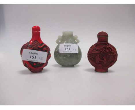 Two cinnabar lacquer and a jade snuff bottle  