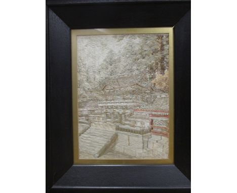 An early 20th century Japanese silkwork of a temple gate, 27 x 20cm  