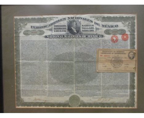 A collection of eight railway share certificates, to include one for Mexican Railway, three for Kansas City Railroad, one for