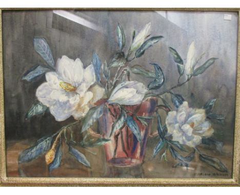 British (20th century), a still life of flowers in a vase and another, together with a chalk drawing of a nude, a print of th