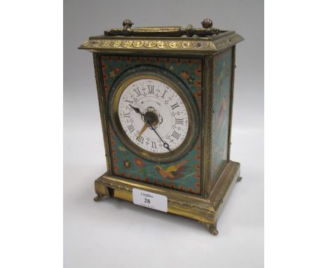 A Japy Freres alarm clock in a case enamelled with birds and flowers on a turquoise ground  