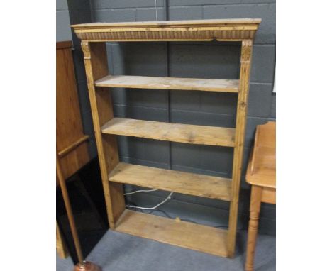 A pine wall shelf with leaf carved cornice, 150 x 101 x 28cm  