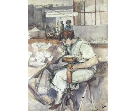 § Richard Ellis Naish (British, 1912-1988) Study for painting of china works - a lady potter at her wheel signed lower right 