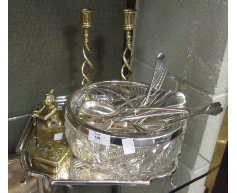 A silver rimmed glass salad bowl, a pair plated servers and flatware, plated salver, and brassware  