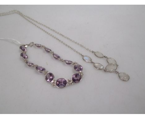 A moonstone necklace and an amethyst bracelet, the five oval moonstone cabochons set with a single round cabochon drop, all s
