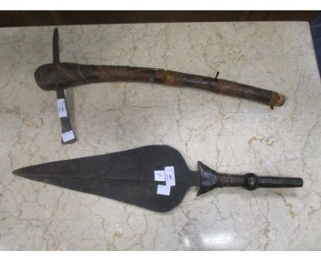 A Congolese leaf shaped knife together with an axe, possibly Zulu  