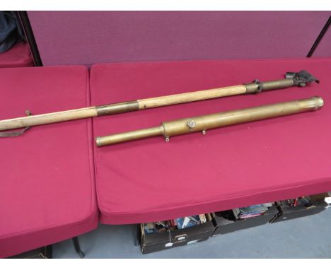 Brass Telescope and Tripod Stand  brass tubular telescope with side adjusting wheel.  The body marked 'W Bruce London'.  Comp