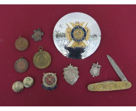 Small Selection of Various Items  including chrome, gilt and enamel 'C.B.C. Pretoria Pipe Band' plaid brooch.  Rear pin absen