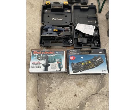 THREE POWER TOOLS AND A 100 PIECE DRILL SET 