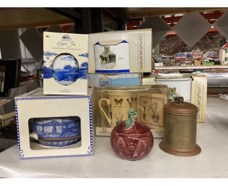 A QUANTITY OF RINGTONS TEA COLLECTABLES TO INCLUDE 'BRIDGES TEAPOT, A GINGER JAR, A CENTENARY TEAPOT AND TEA CADDY - ALL AS N