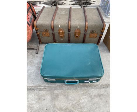 A LARGE VINTAGE TRAVEL TRUNK AND A RETRO SUITCASE 