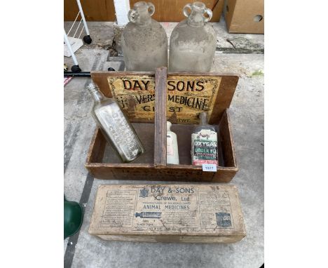 AN ASSORTMENT OF VINTAGE ITEMS TO INCLUDE DEMI JOHNS, A MEDICINE BOX AND MEDICINE BOTTLES ETC 