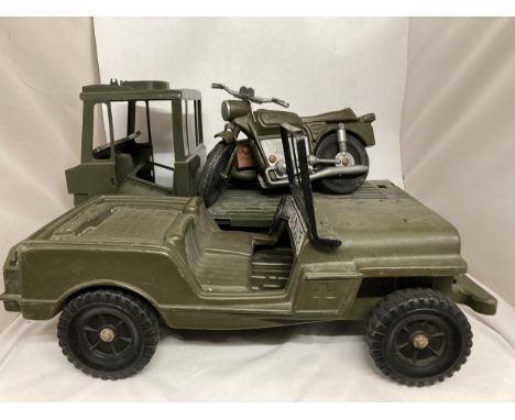 A LARGE ARMY TRUCK, JEEP AND A MOTORCYCLE AND SIDE CAR 