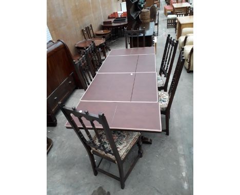 AN ERCOL COLONIAL STYLE DRAW-LEAF DINING TABLE, 54 X 33" (LEAVES 15" EACH) COMPLETE WITH COVERS AND SIX DINING CHAIRS 