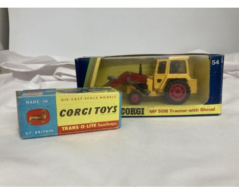 TWO BOXED CORGI MODELS NO, 54 - A MASSEY FERGUSON 50 TRACTOR WITH SHOVEL AND NO. 252 - A ROVER 2000 