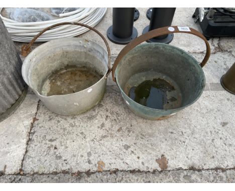 A VINTAGE BRASS JAM PAN AND A FURTHER ALLOY JAM PAN 