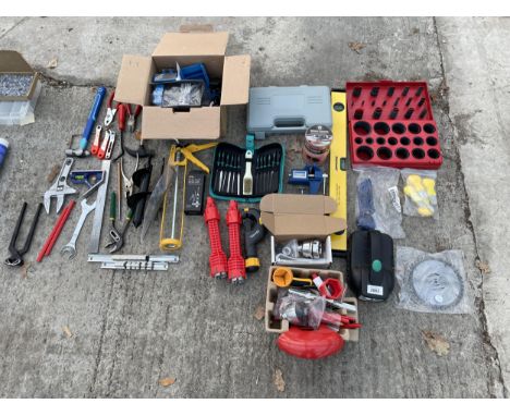 A LARGE ASSORTMENT OF TOOLS TO INCLUDE SPANNERS, FILES AND AN ELECTRIC BLADE SHARPENER ETC 