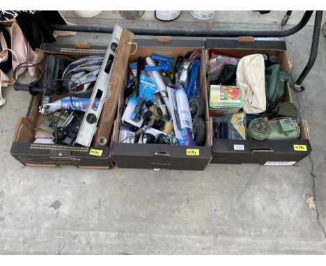 AN ASSORTMENT OF TOOLS AND HARDWARE TO INCLUDE A DRILL, FUEL PUMPS AND AN ELECTRIC WOOD PLANE ETC 