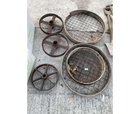 THREE VINTAGE RIDDLE SIEVES AND THREE PULLEY WHEELS 