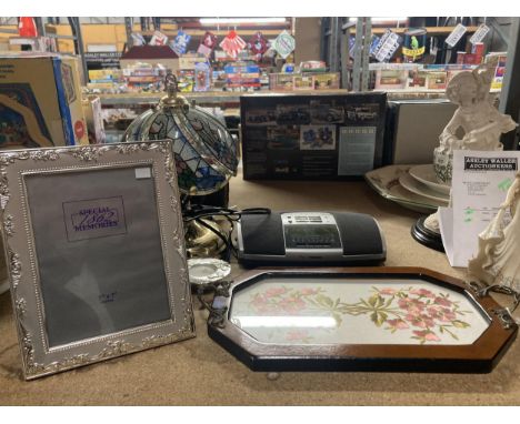 A MIXED LOT - PHOTO FRAME, SMAL WOODEN DRINKS TRAY, LAMP ETC 