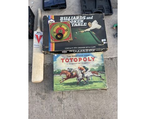 THREE VINTAGE BOARD GAMES AND A CRICKET BAT ETC 