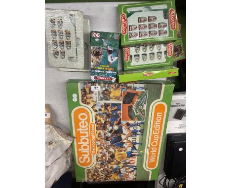 A VINTAGE SUBBUTEO WORLD CUP EDITION FOOTBALL GAME NO. 60240, 4 FOOTBALL TEAMS - 2 MISSING GOALIES, ETC 