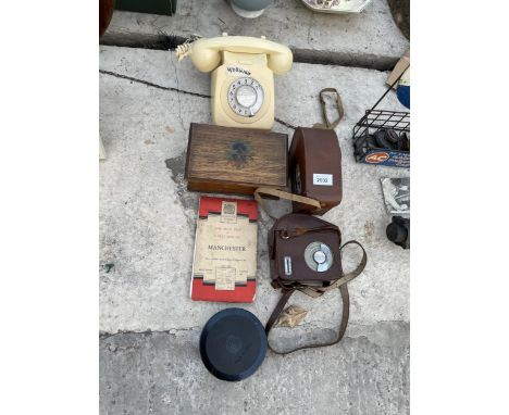 AN ASSORTMENT OF VINTAGE ITEMS TO INCLUDE A DIAL TELEPHONE, CAMERAS AND A WOODEN BOX ETC 