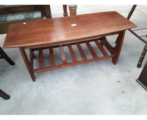 A RETRO TEAK COFFEE TABLE WITH MAGAZINE SHELF, 39 X 16" 