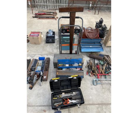 THREE TOOL BOXES CONTAINING AN ASSORTMENT OF TOOLS AND A BLACK AND DECKER SACK TRUCK ETC 