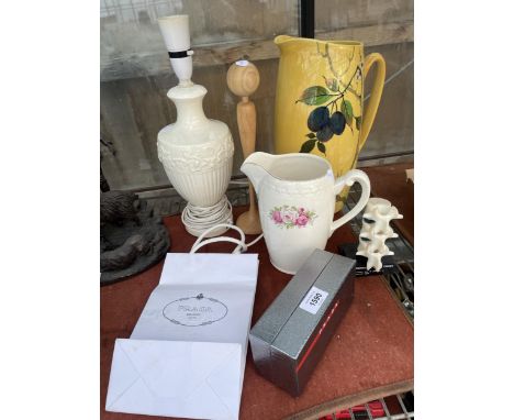 AN ASSORTMENT OF ITEMS TO INCLUDE A WEDGWOOD LAMP, AYNSLEY JUG AND A PRADA BOX ETC 