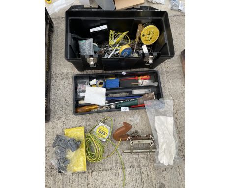 A TOOL BOX CONTAINING AN ASSORTMENT OF TOOLS TO INCLUDE A WOOD PLANE AND SPANNERS ETC 