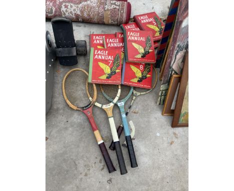 AN ASSORTMENT OF VINTAGE TENNIS RACKETS AND FULL EAGLE ANNUALS COLLECTION 