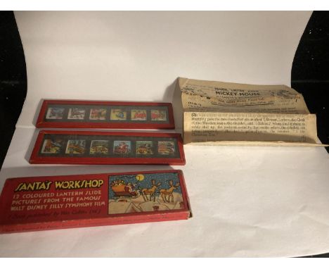 A SET OF DISNEY MICKEY MOUSE IN SANTAS WORKSHOP LANTERN SLIDES WITH ORIGINAL BOX AND EPHEMERA 