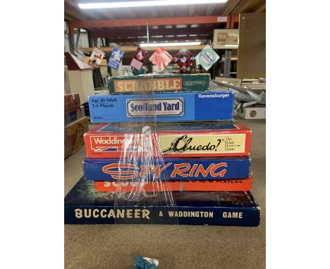SIX VINTAGE BOARD GAMES TO INCLUDE SCRABBLE, WADDINGTON'S SPY RING AND CLEUDO, ETC., 