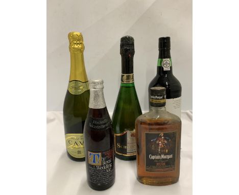 FIVE MIXED BOTTLES - CAVA, 35CL CAPTAIN MORGAN RUM, ROYAL WEDDING ALE, RUBY PORT AND GERMAN BOTTLE 